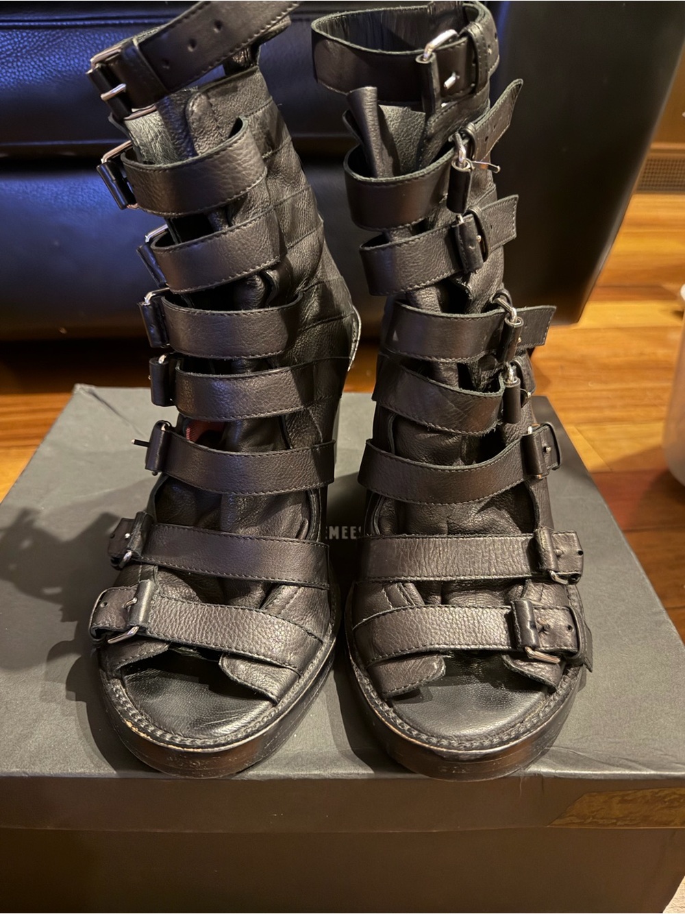 Ann Demeulemeester Black Strappy Leather Peep Toe Boot 37/7 RARE Original design - Picture 6 of 10